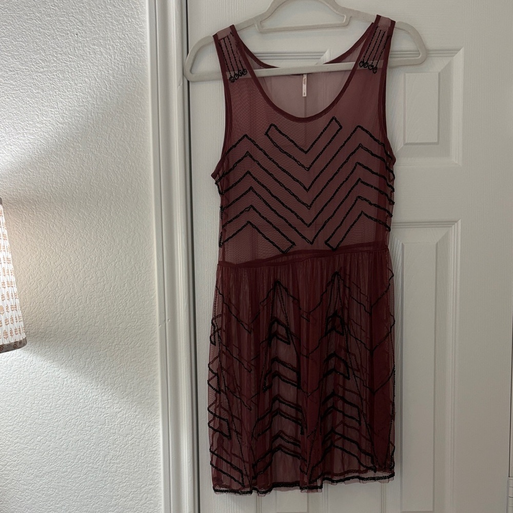 Free People Sleeveless Deep Purple Beaded Mesh Mini Dress